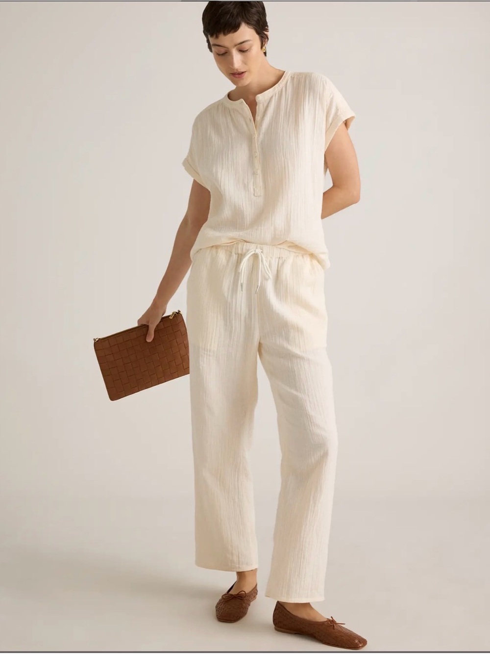 Quince Cream Short-Sleeve Henley Blouse- SIZE MEDIUM - Picture 3 of 8